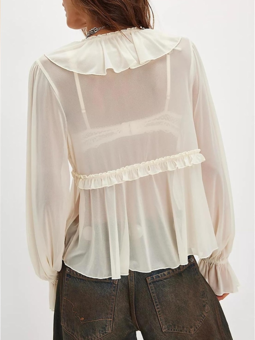 Miqil cream boho long sleeve sheer blouse medium - Picture 3 of 5